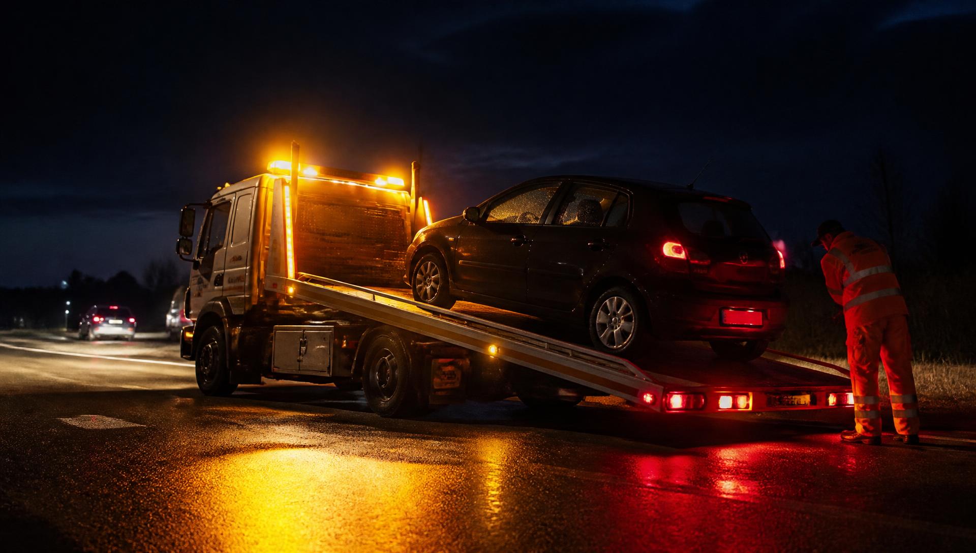 Depannage Auto 95 - dépanneuse chargeant un véhicule en panne de nuit à Bruyères-sur-Oise